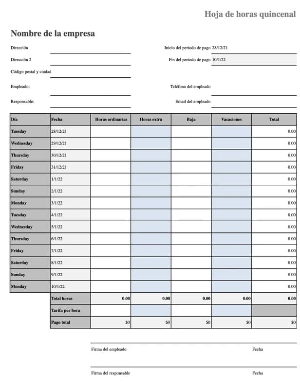Vista previa de la plantilla de control horario con vacaciones y bajas en Excel