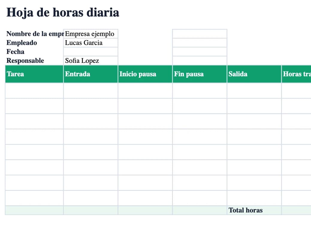 Vista previa Excel: Hoja de horas diaria