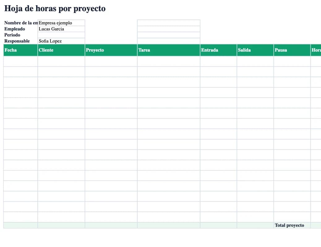 Vista previa Excel: Hoja de horas por proyecto