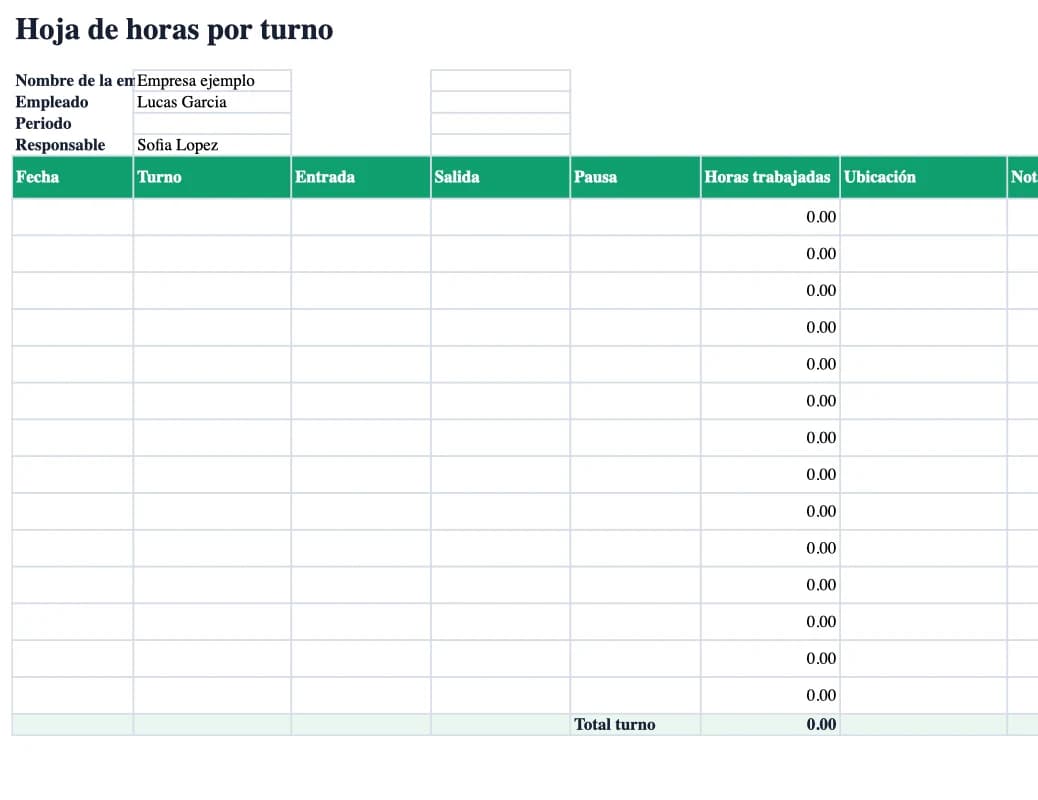 Vista previa Excel: Hoja de horas por turno
