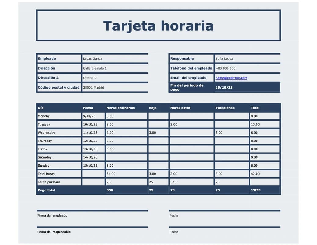 Vista previa de la tarjeta de fichaje en Excel