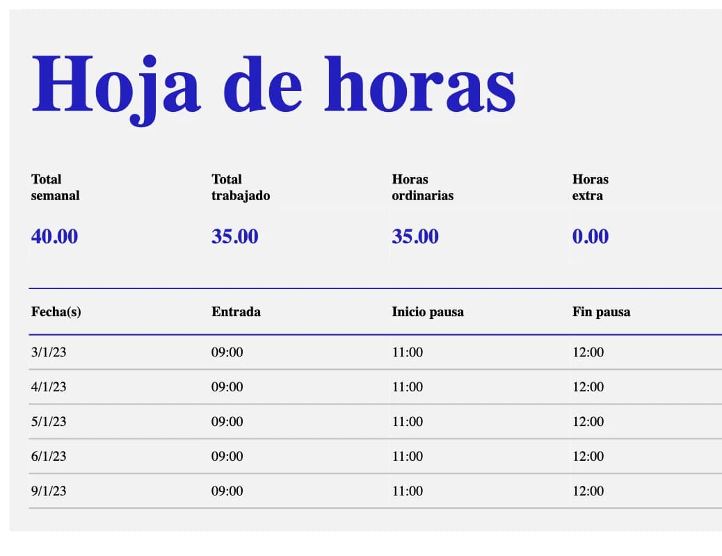 Vista previa de la plantilla semanal de control horario en Excel
