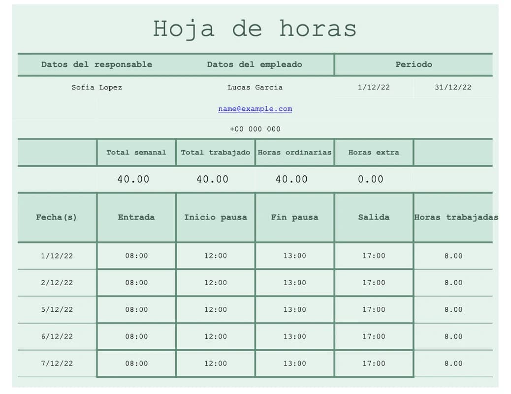Vista previa de la hoja detallada de horas por tarea en Excel