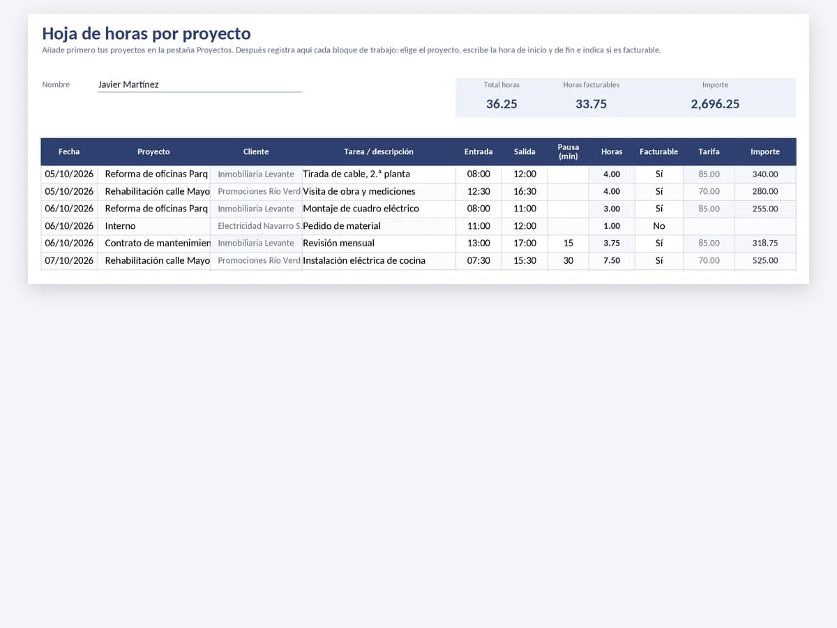 Hoja de horas por proyecto en Excel con proyecto, cliente, tarea, horas facturables e importe