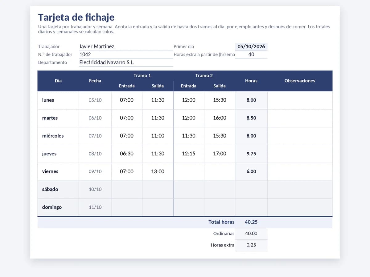 Tarjeta de fichaje semanal con dos tramos de entrada y salida por día